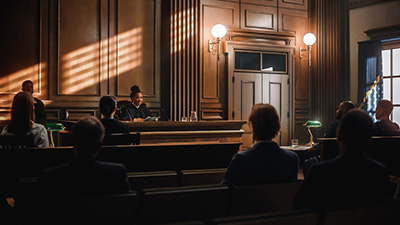 Court of Justice and Law Trial: Public is Sitting on Benches, Listening to Impartial Judge. Supreme Federal Court African American Judge Starts Civil Case Hearing with Striking a Gavel.